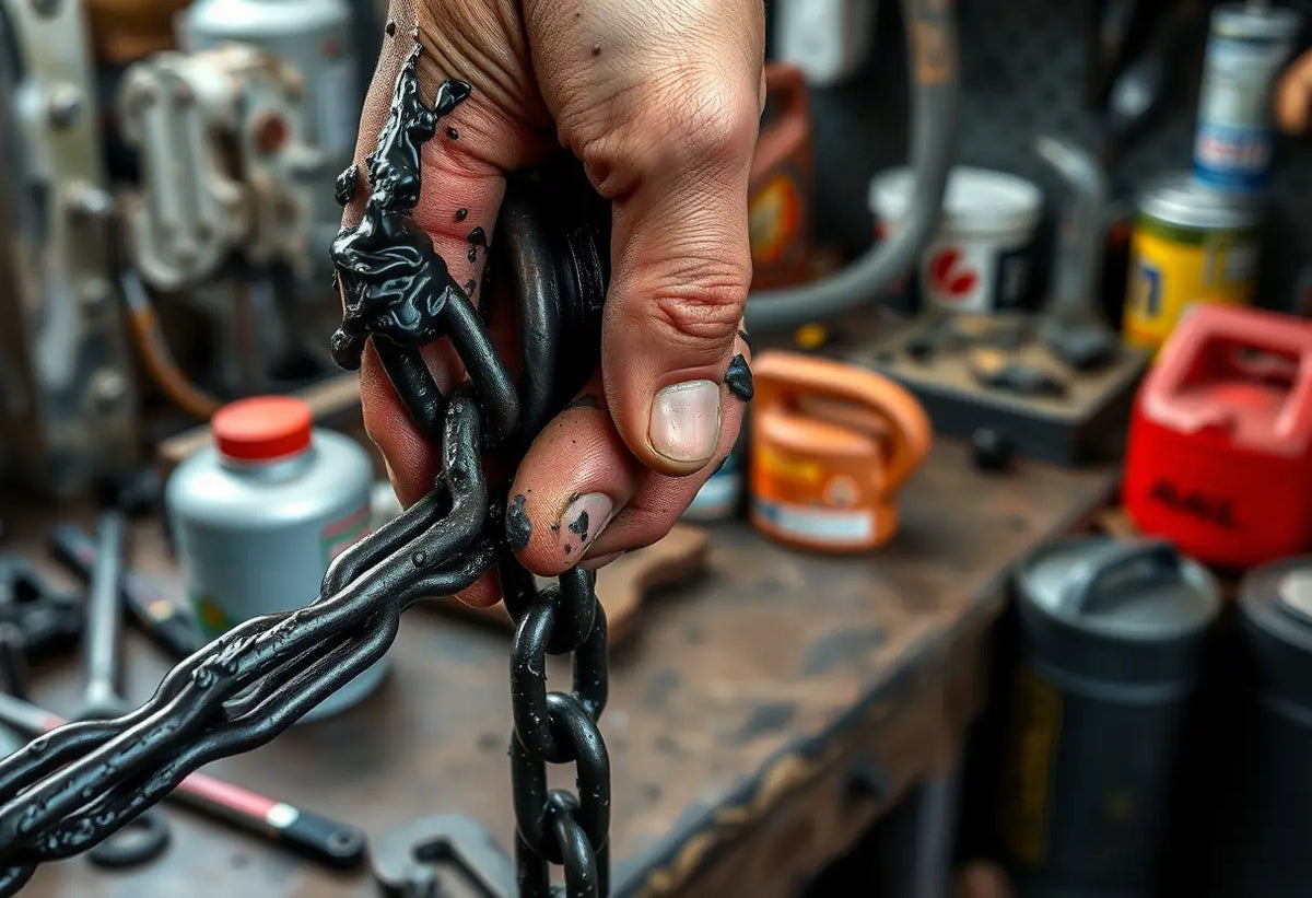 Une main habillée tenant une chaîne métallique couverte de cambouis, posée sur un bureau de bricolage rempli d'outils et de bidons d'huile