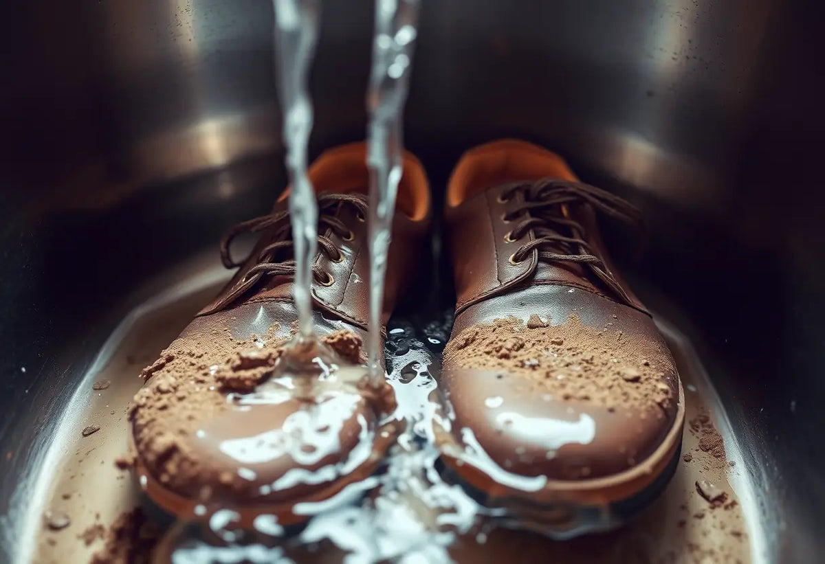 Des chaussures souillées sous l'eau courante dans un évier de cuisine
