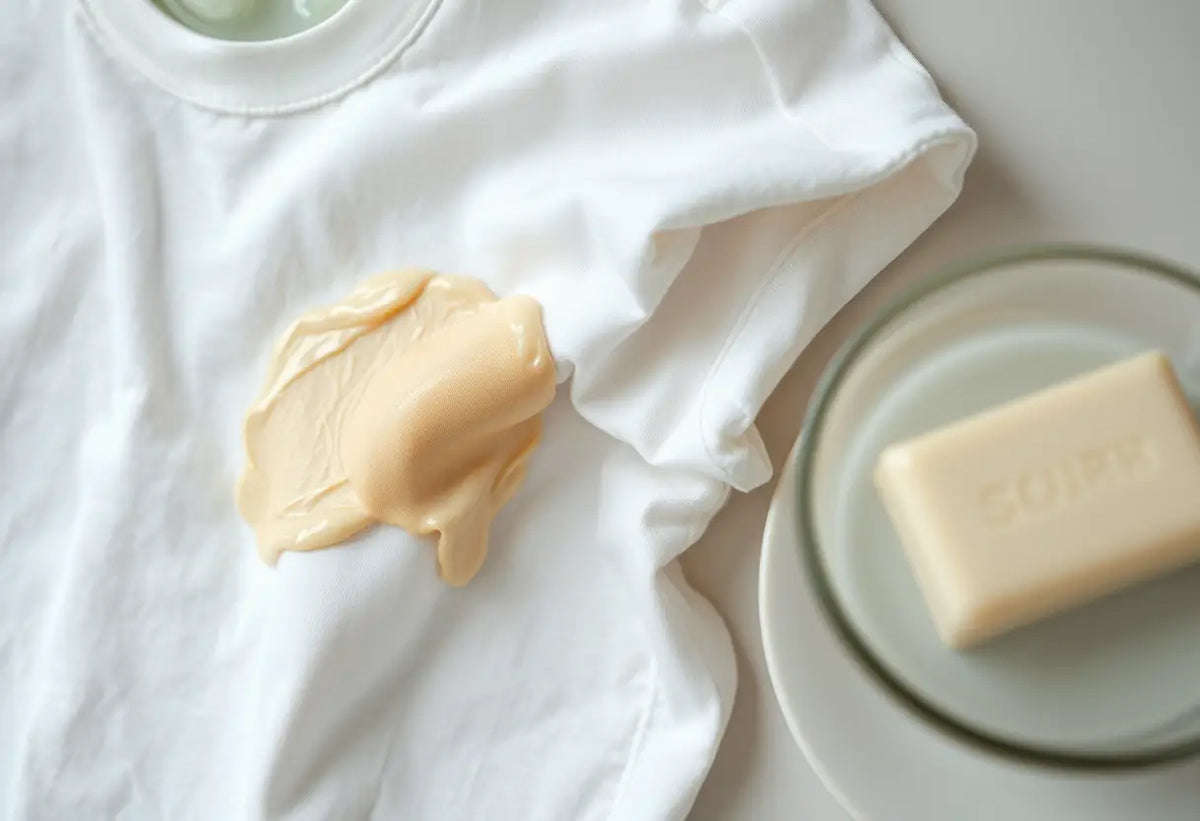 Main: un t-shirt en coton montrant une tache de crème solaire, un seau d'eau et un savon près de lui, mise au point douce