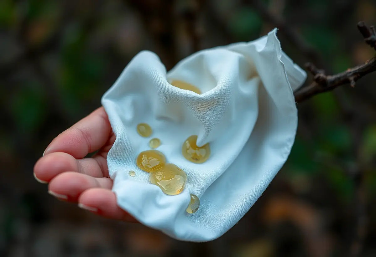 Une main tenant un chiffon en coton imprégné de sève, des gouttes accrochées au tissu
