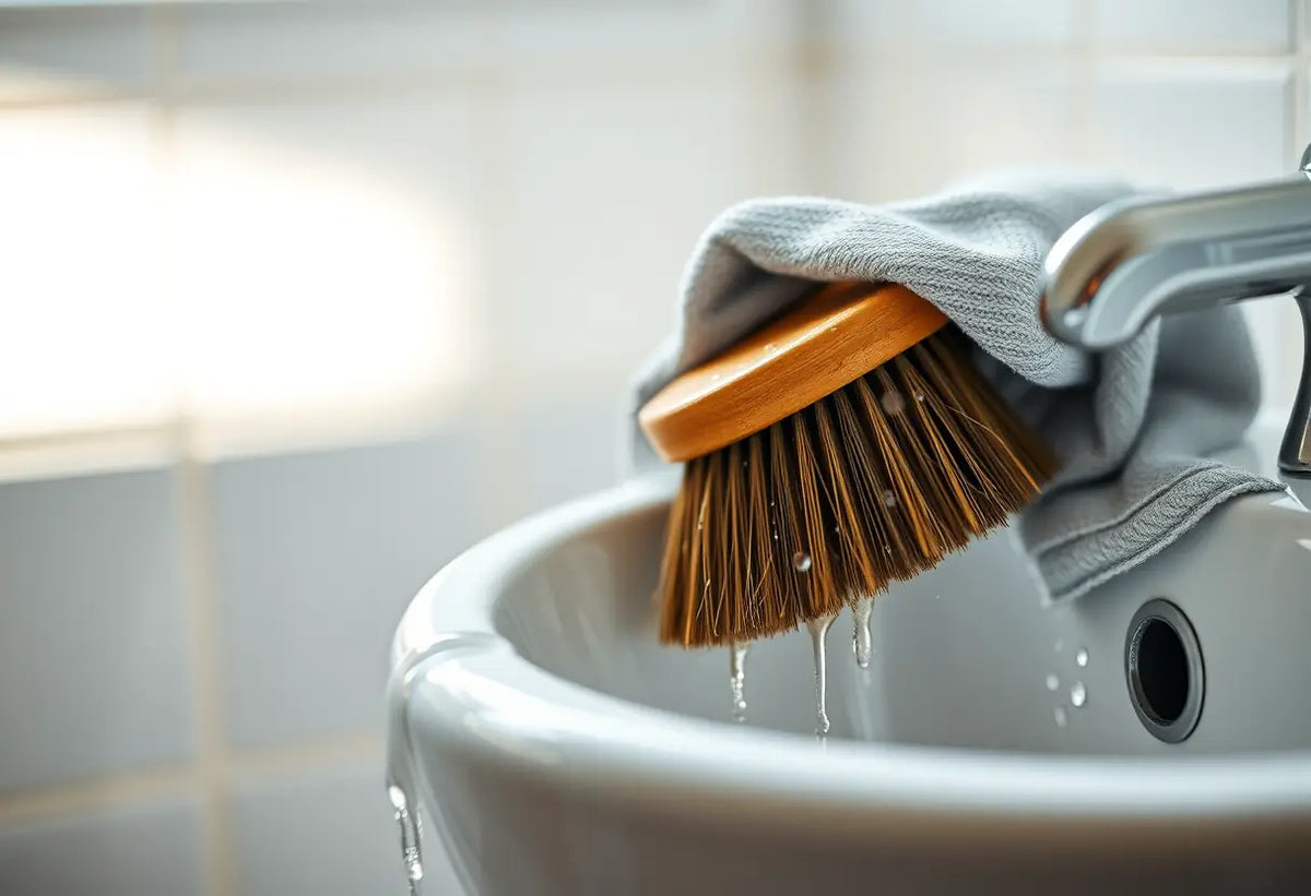Un pinceau brossant délicatement la saleté d'un tissu dans une salle de bain bien éclairée.