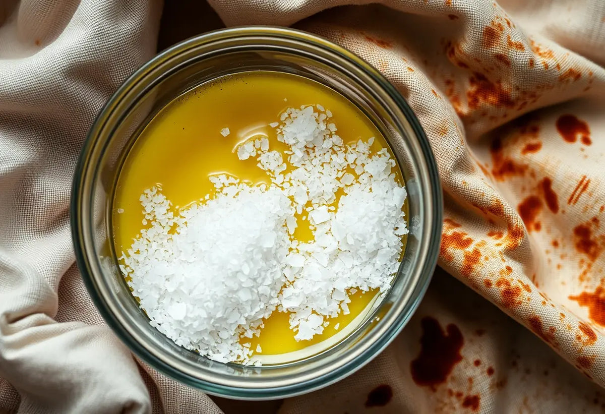 Un mélange de sel et de jus de citron près d'un tissu taché