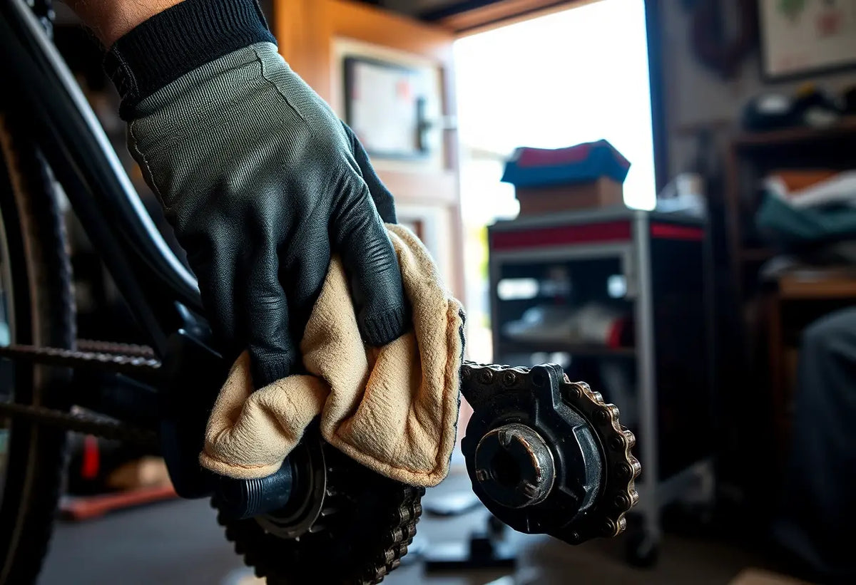 Une main mécanicien frotte une chaîne vélo graisseuse avec un chiffon, dans un atelier