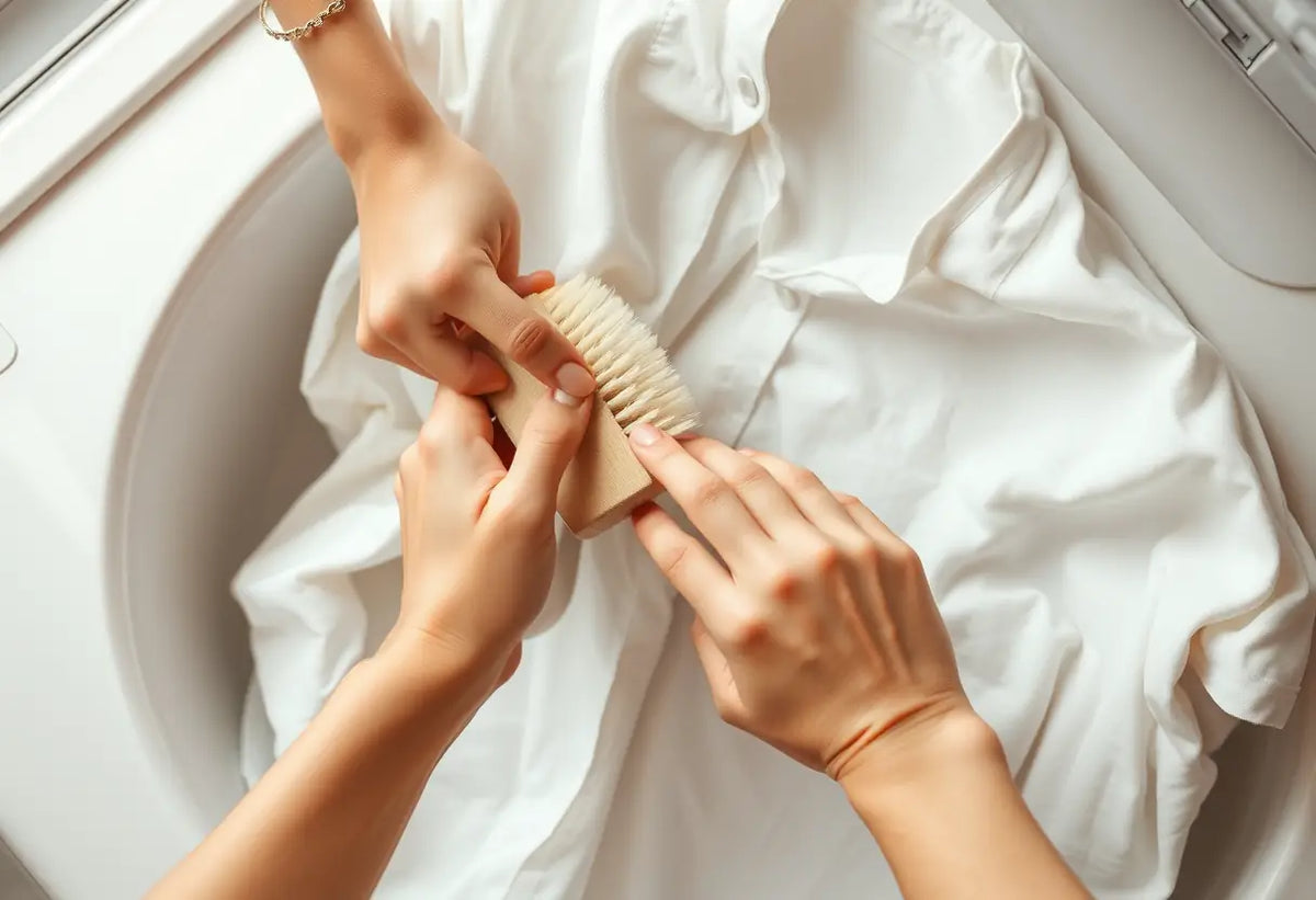 Des mains brossent doucement un t-shirt en coton près d'un évier de lavage pour enlever des marques de feutrage.