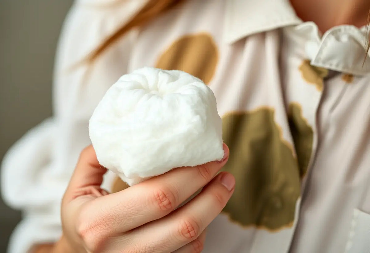 Main tenant une boulette de coton imbibée de détergent sur une blouse tachée