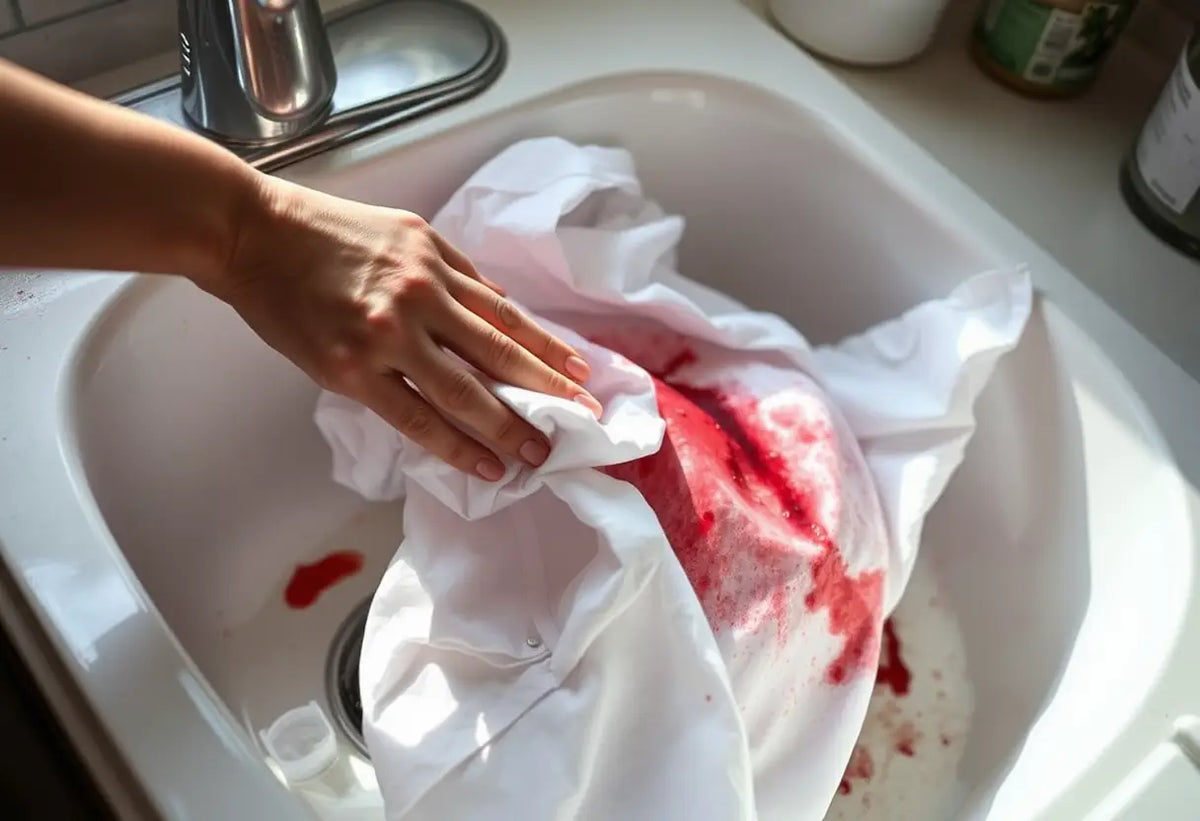 Une main applique doucement un chiffon imbibé de vinaigre sur un tee-shirt maculé de sang, dans un évier de cuisine, lumière naturelle