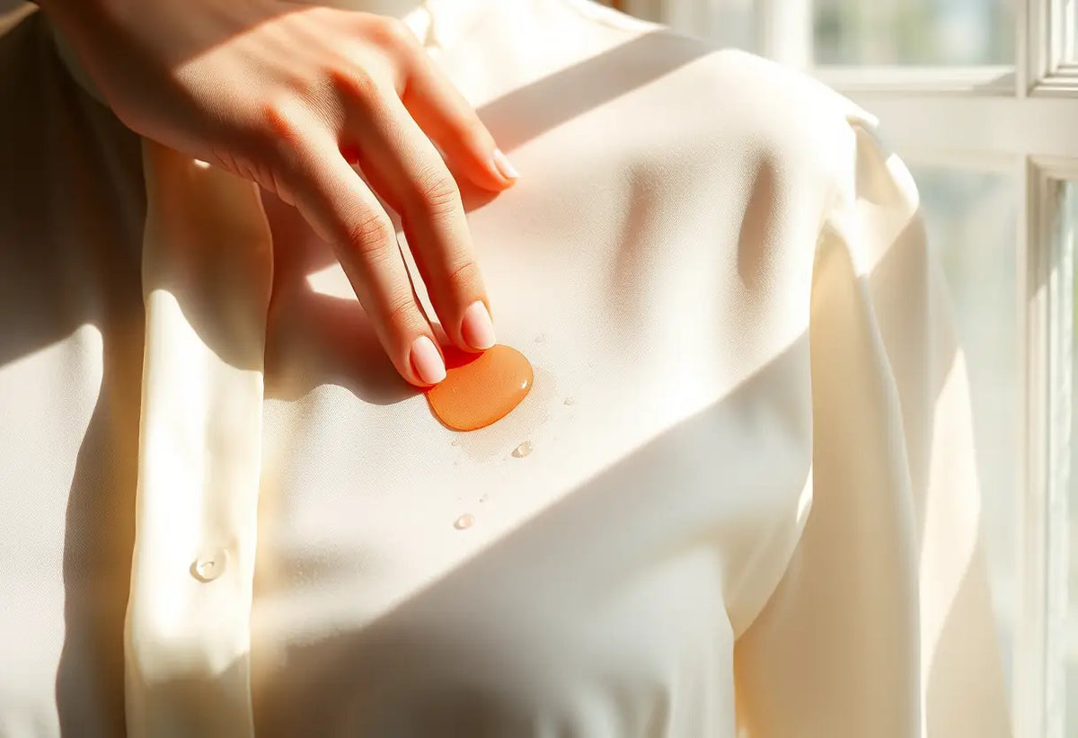 Main de femme frottant délicatement une tache sur un chemisier en soie