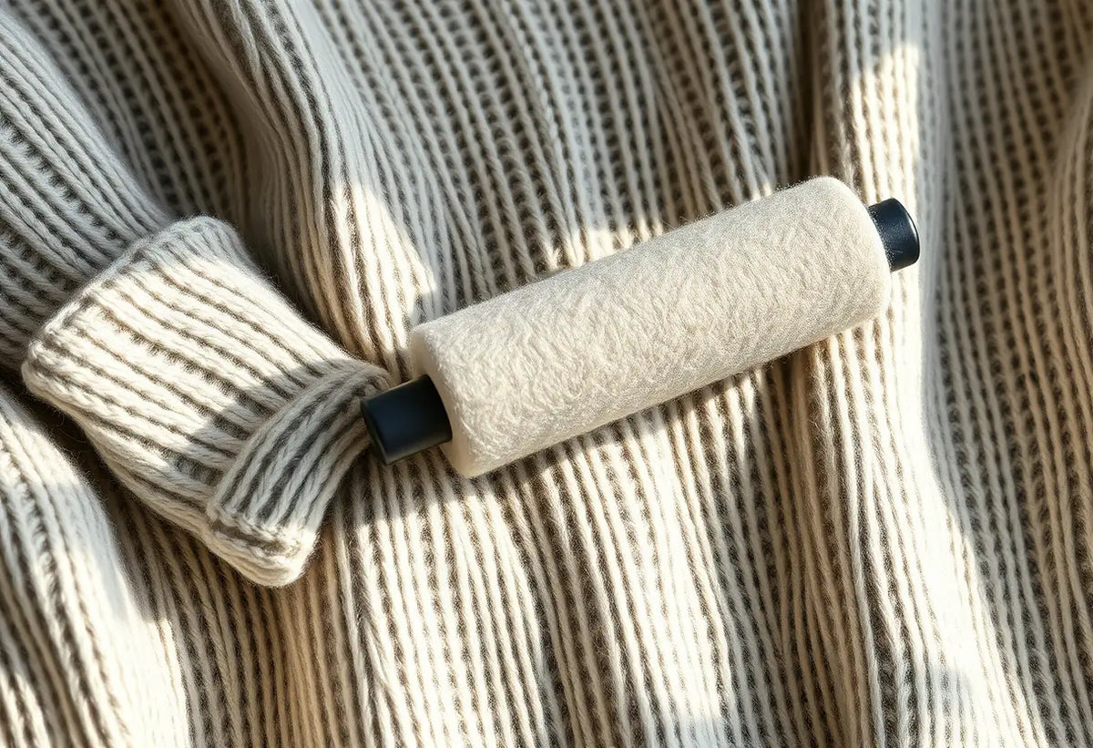 Un rouleau anti-poussière passe doucement sur un pull en laine