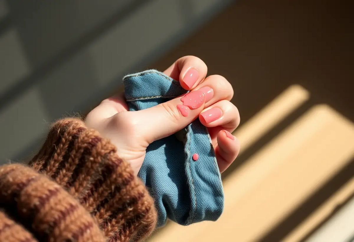 Une main retire délicatement une tache de vernis à ongles sur un jean, préparant la pièce pour le lavage.