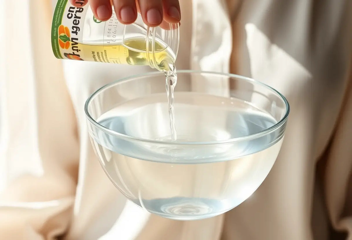 Main qui verse du vinaigre dans un bol d'eau pour nettoyer une tache de vin sur un chemisier en soie
