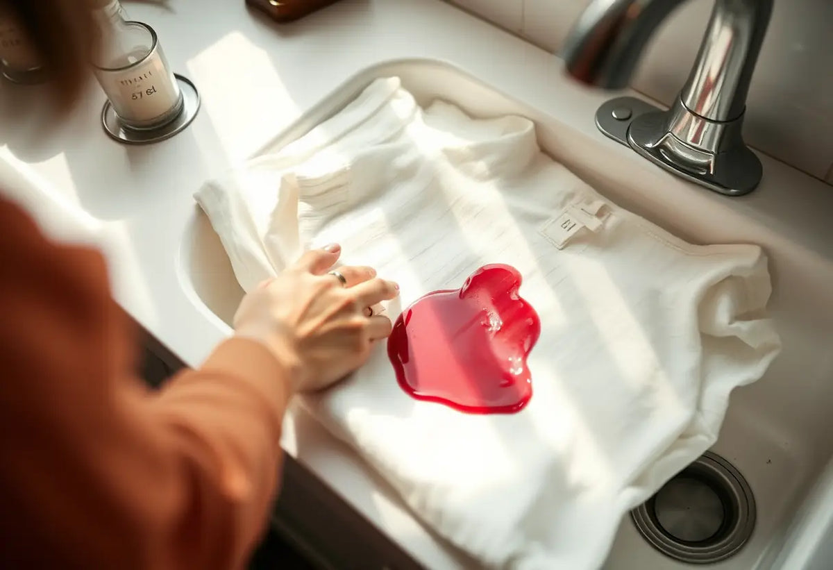 Une main applique un décapant sur une tache de vin sur un vêtement, dans la cuisine.
