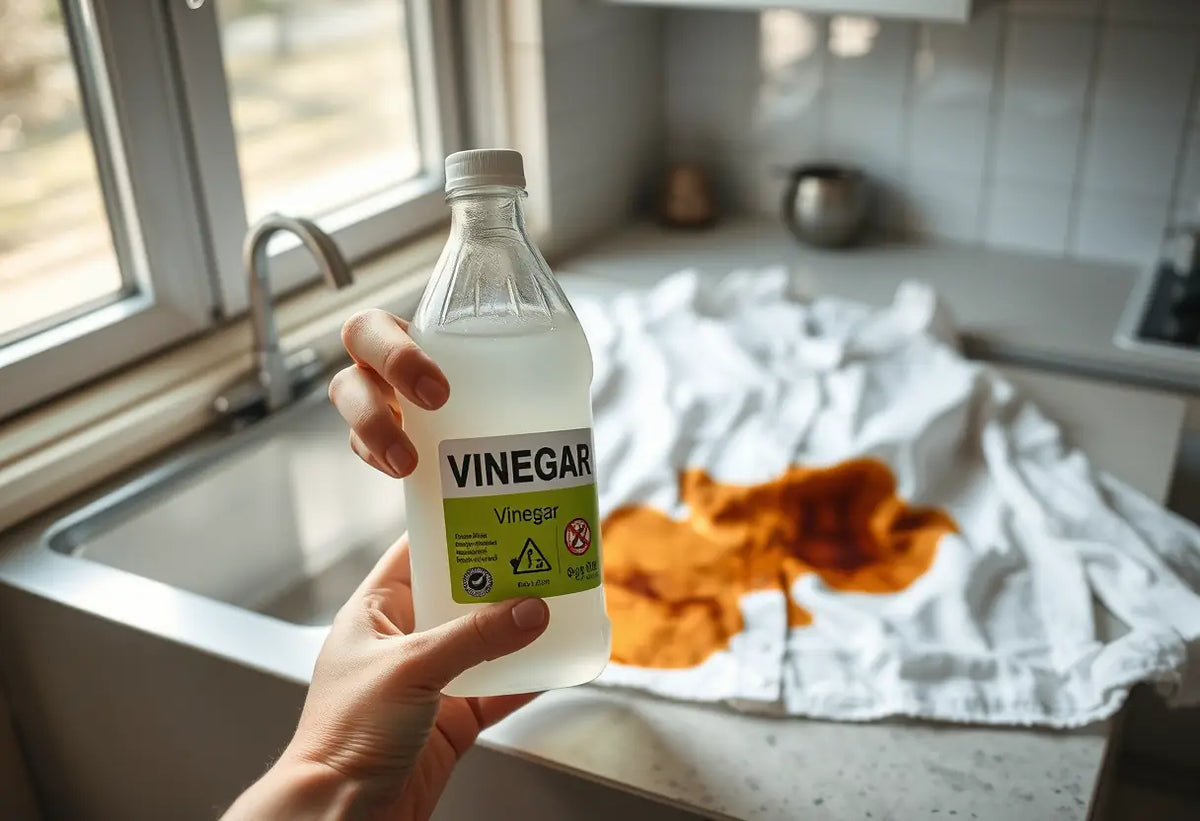Main tenant une bouteille de vinaigre blanc près d'une chemise tachée sur un plan de travail