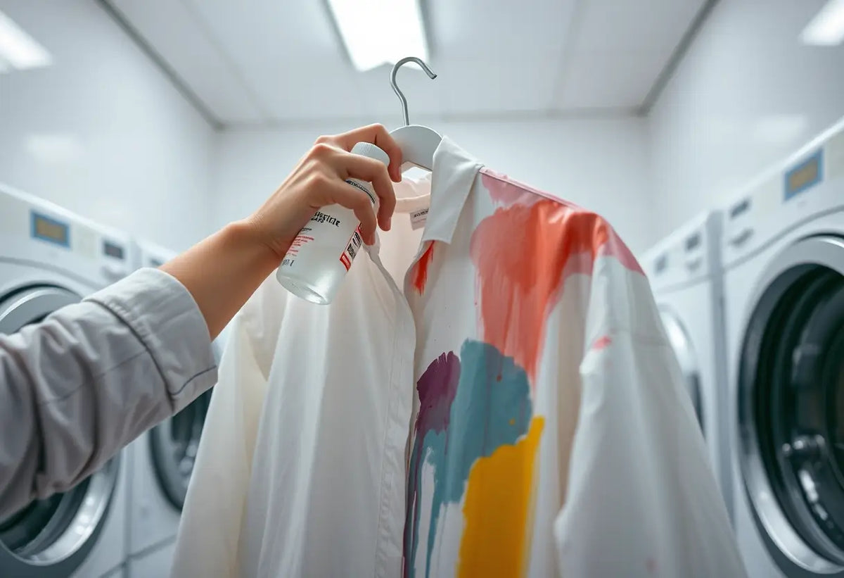 Main appliquant du white spirit sur un blouson en polyester souillé par de la peinture acrylique