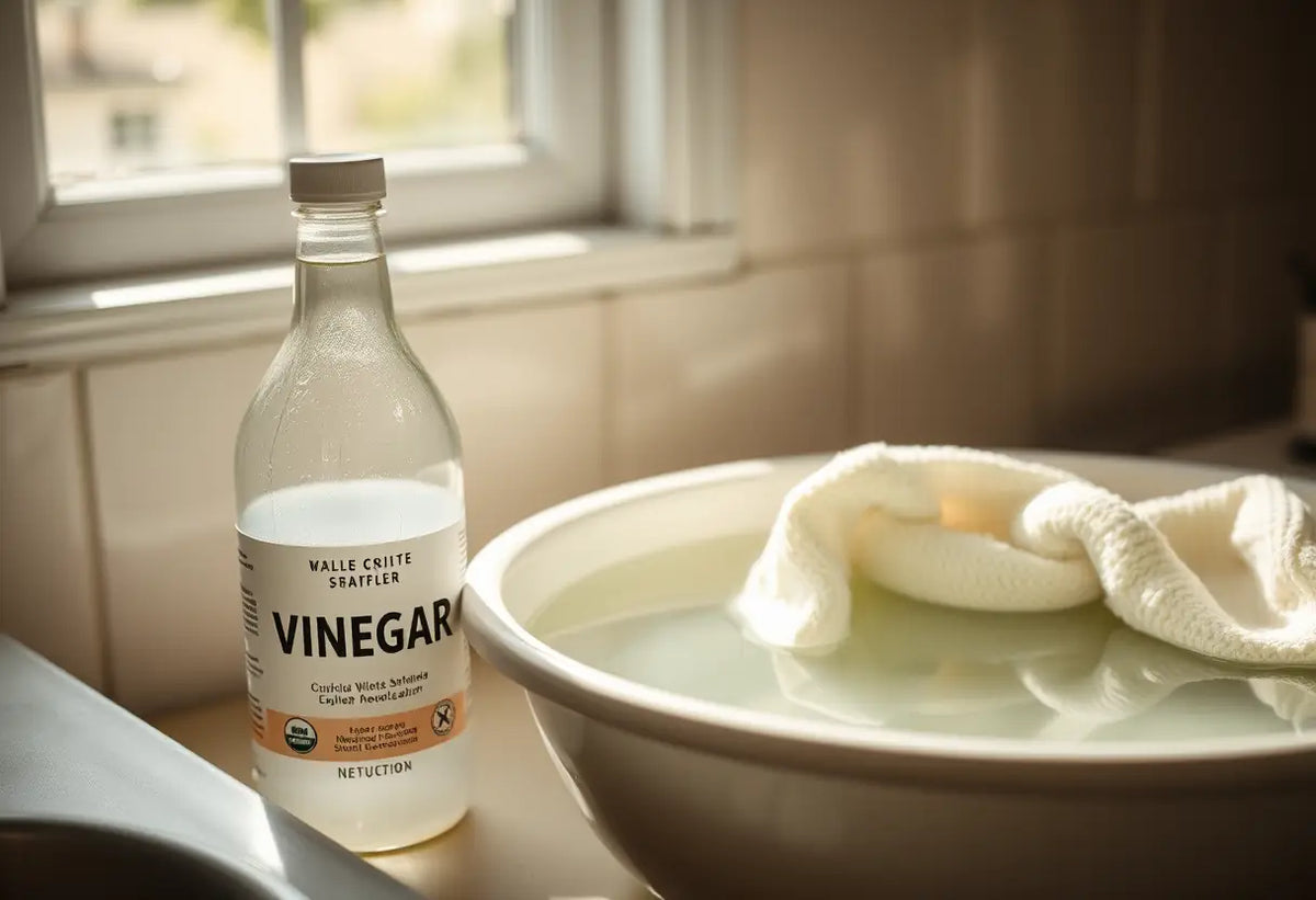 Un flacon de vinaigre blanc à côté d'un vêtement trempé dans une bassine