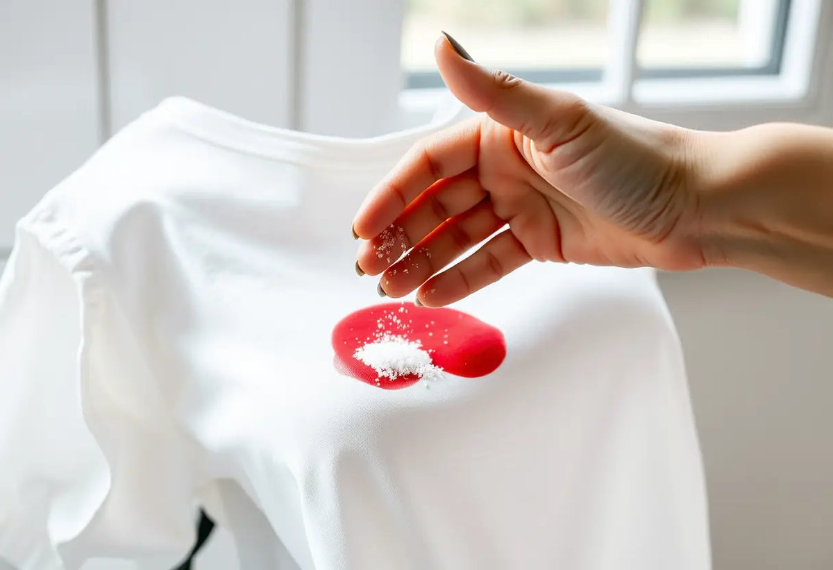 Une main féminine saupoudre du sel sur une tache de sang sur un chemisier blanc.
