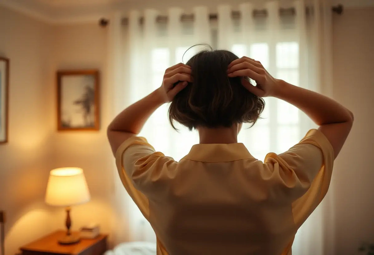 Chambre : une personne ajuste une blouse en soie, lumière tamisée
