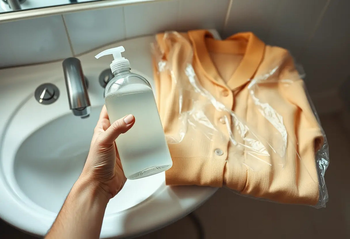 Une main tient une bouteille de solution blanchissante près d'un vêtement protégé par du film plastique dans la salle de bain.