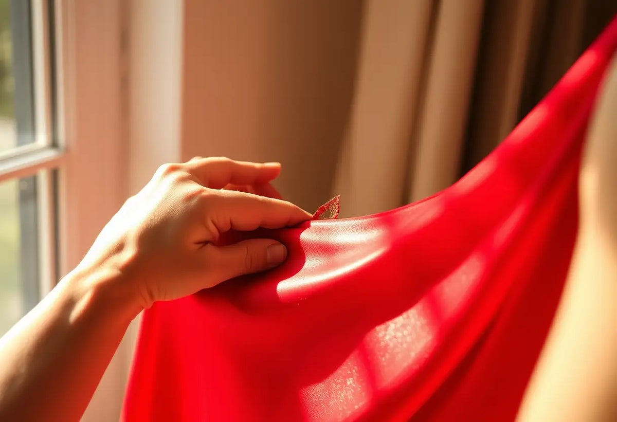 Une main frottant délicatement une tache sur une robe en soie rouge
