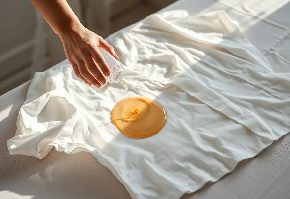 Une main applique délicatement un détachant sur une blouse blanche en coton, éclairée naturellement.
