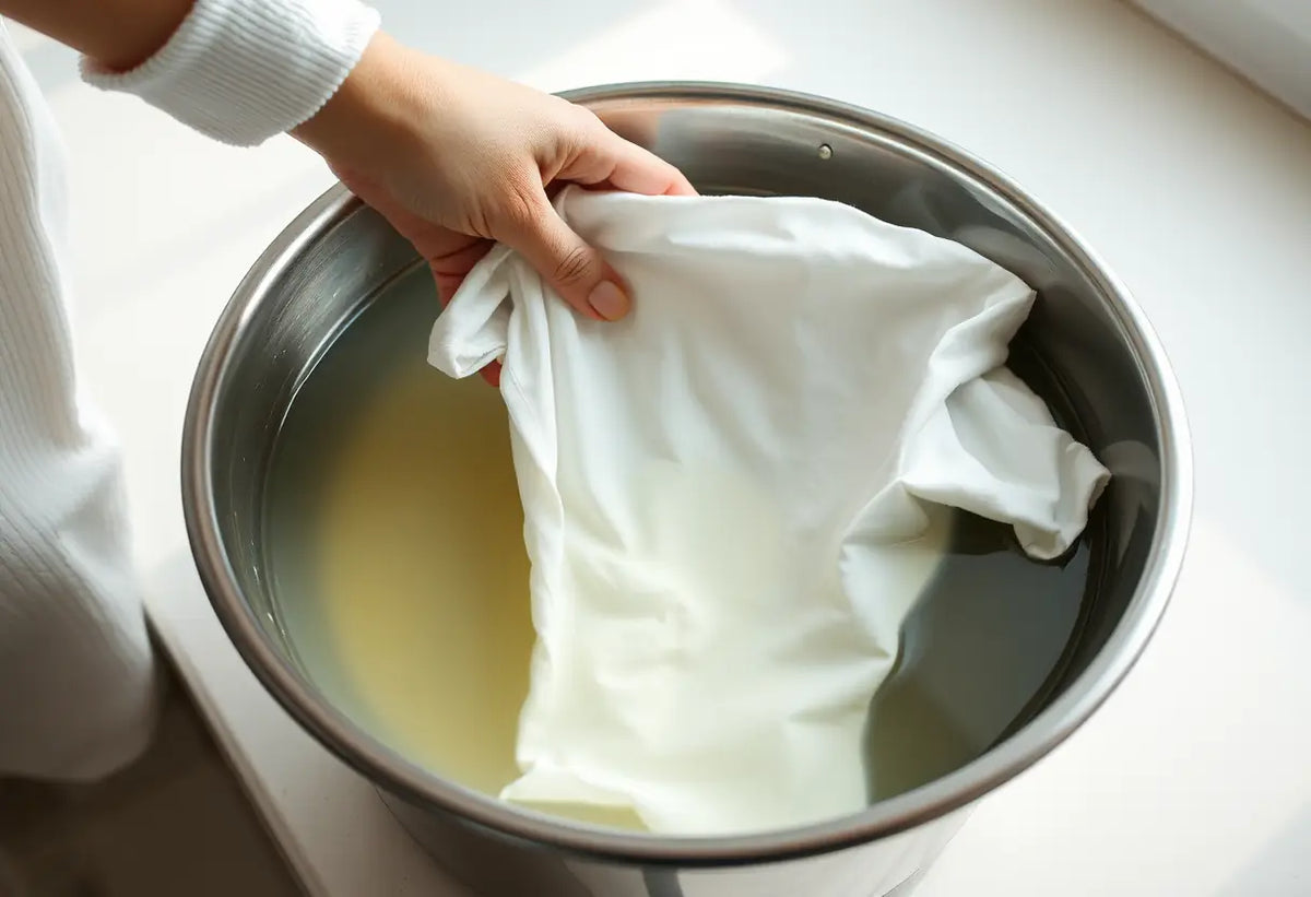 Main de femme plongeant doucement un tee-shirt blanc dans un seau rempli de vinaigre et d'eau, dans la cuisine.