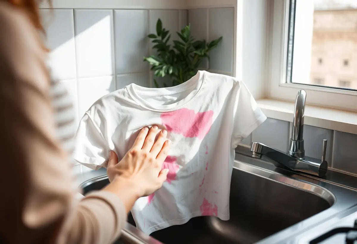 Une main nettoie doucement un tee-shirt rosé dans l’évier d’une cuisine