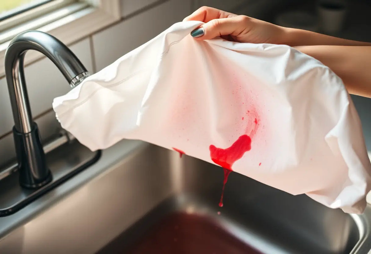 Une main tient un vêtement blanc teinté de rouge près d'un évier, linge déteint