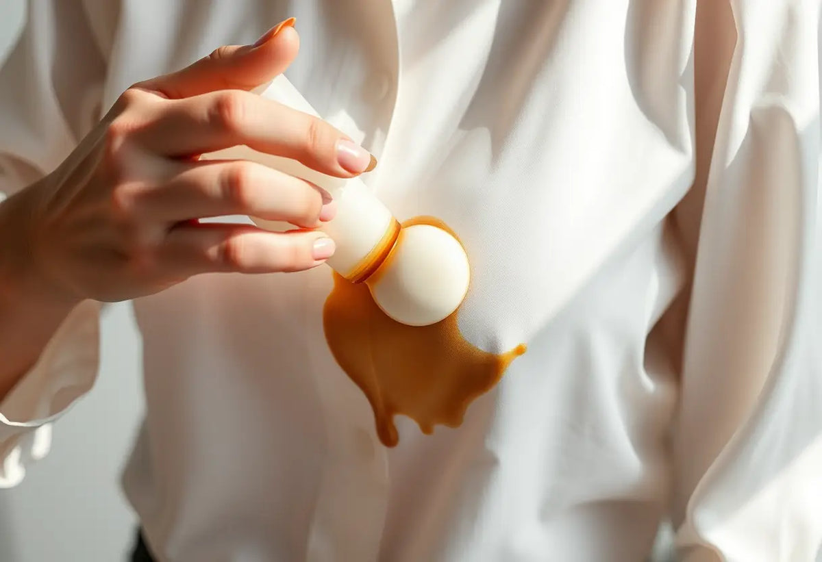 Une main applique délicatement une solution sur une blouse blanche tachée de café