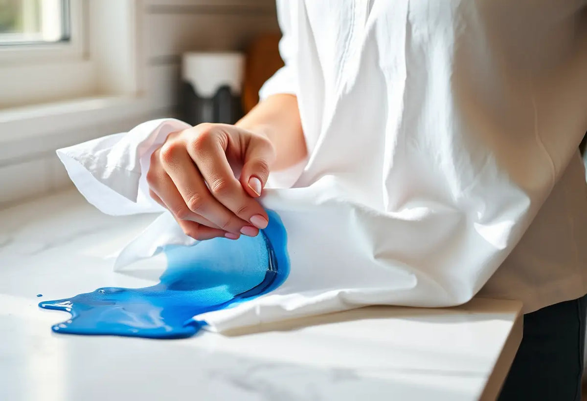 Une main frottant délicatement un t-shirt blanc maculé d'encre bleue en cuisine.