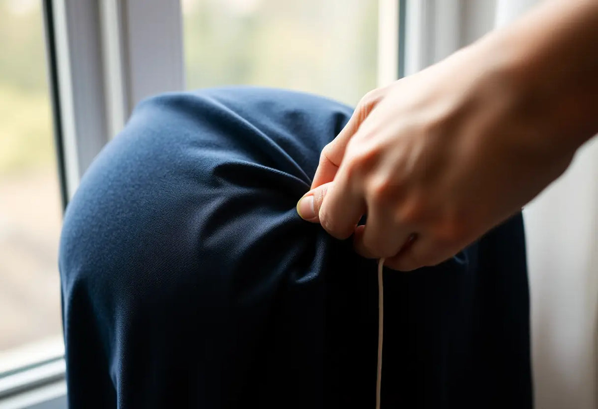 Une main étire délicatement un élastique sur un tissu bleu foncé, lumineuse.