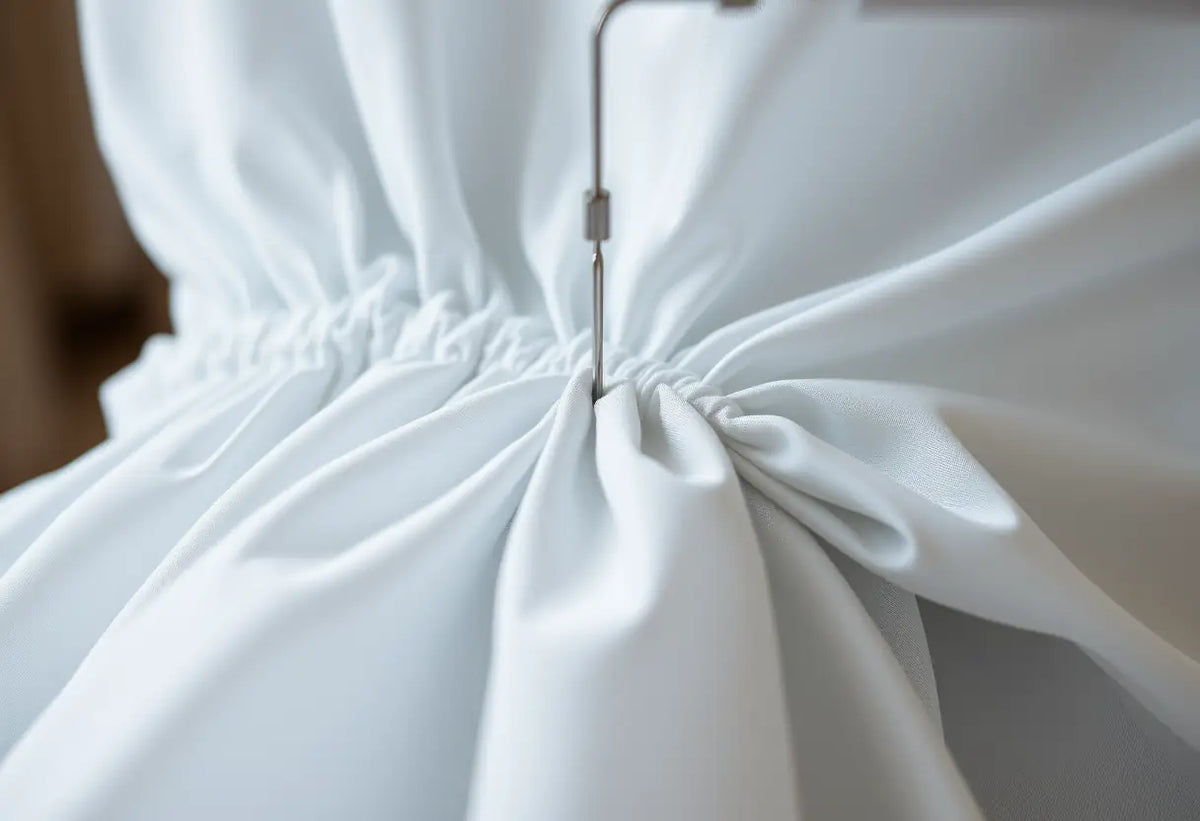 Un aiguille pénètre dans la couture d'une robe en polyester sur une planche à repasser.