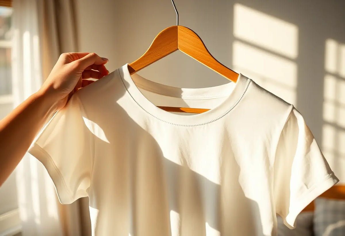 Une main étire délicatement un t-shirt en coton sur un cintreuse en bois dans une chambre baignée de lumière naturelle.