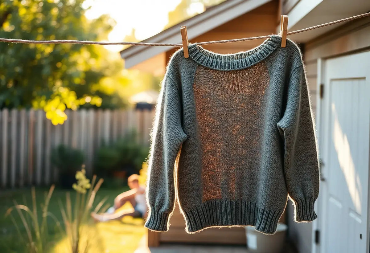Un pull en laine accroché sur une corde à linge dans un jardin