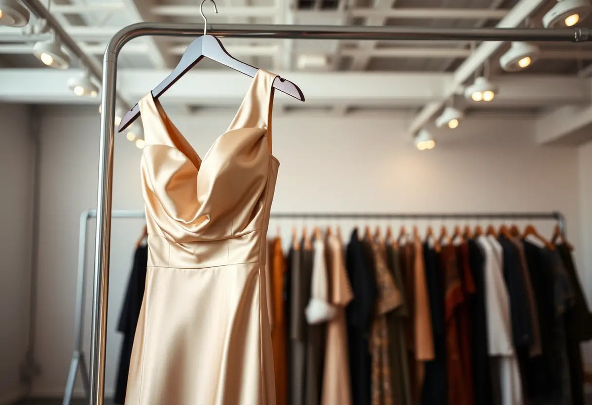 Une robe de soirée en satin suspendue dans un studio spacieux, lumière tamisée mettant en valeur la brillance du tissu