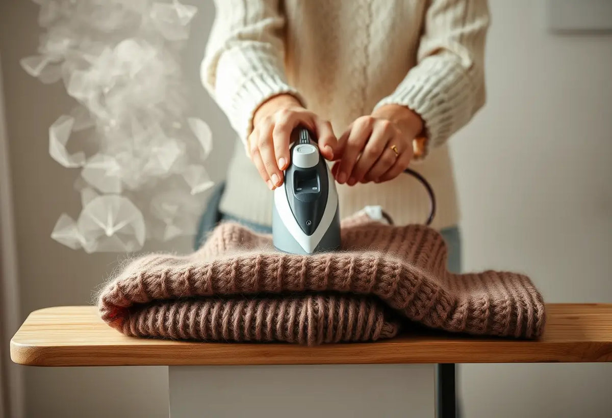 Des mains soignent un pull-over en laine à l'aide d'un fer à repasser, soulignant le confort du vêtement