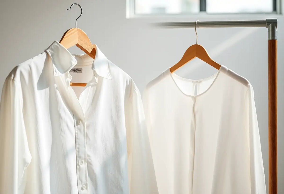 Une personne teste une blouse en coton près d'un cintre en bois