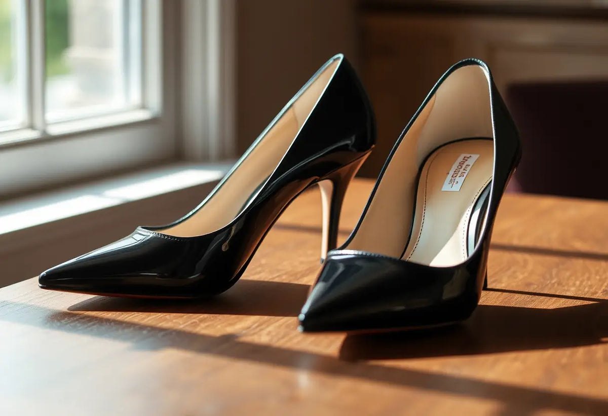 Un paire de talons noirs repose sur une table en bois, leurs finitions brillantes reflétant la lumière naturelle, mettant en valeur l'importance des chaussures de soirée.