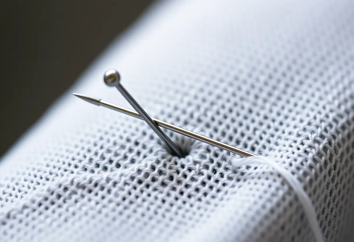 Aiguille pénétrant un tissu, fil en suspension