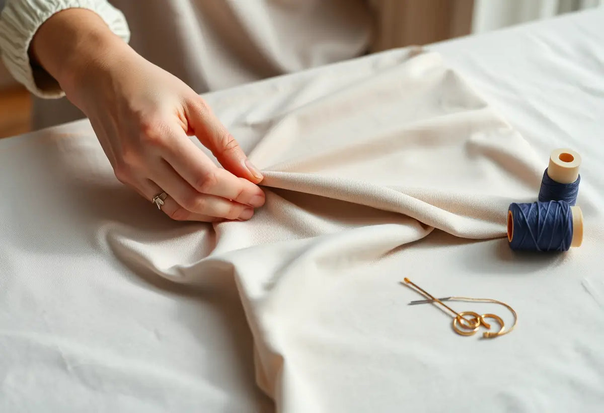 Une main ajuste soigneusement un morceau de tissu élastique sur une planche à coudre.