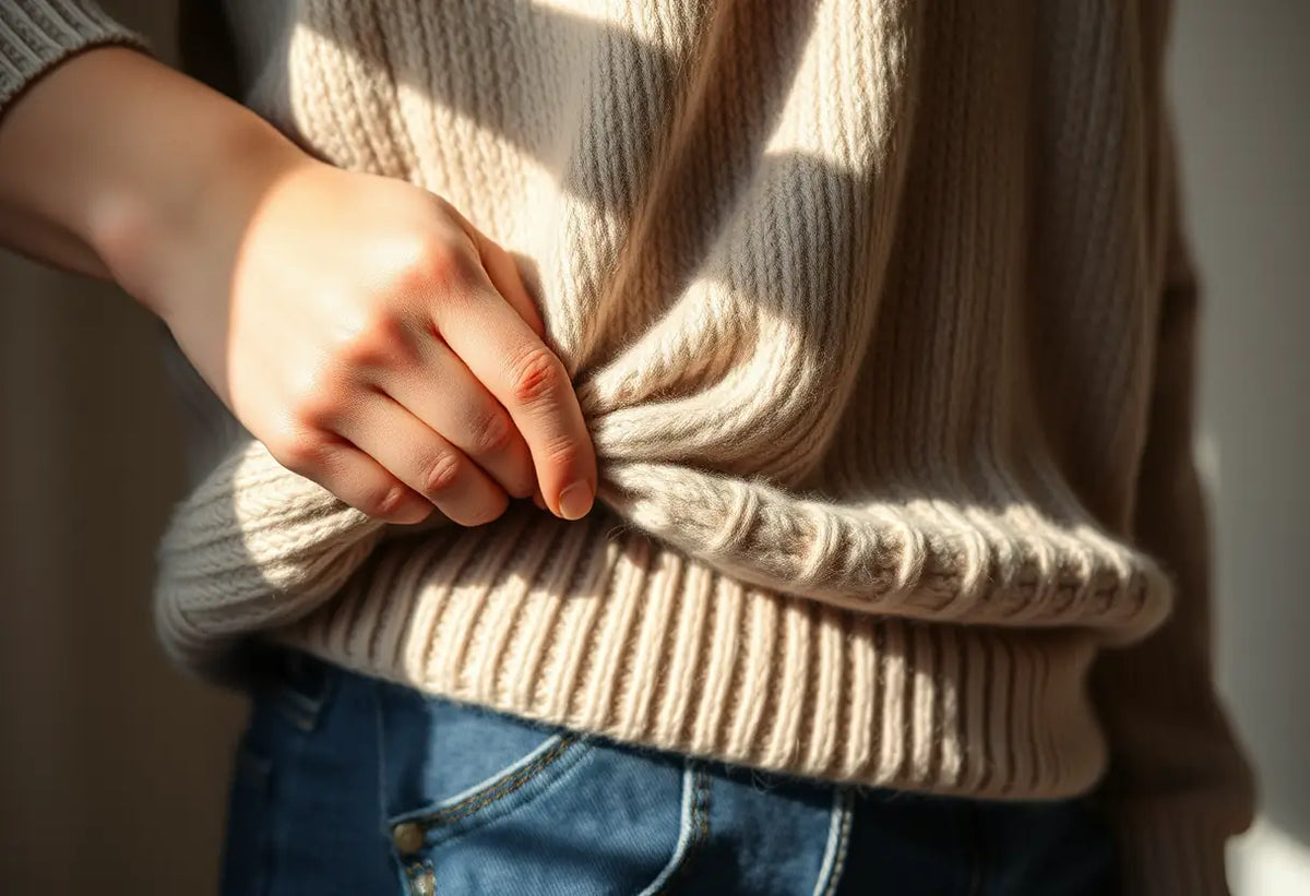 Une main tire délicatement sur le bas d'un pull en laine rétréci. Textile élastique et entretien des vêtements.