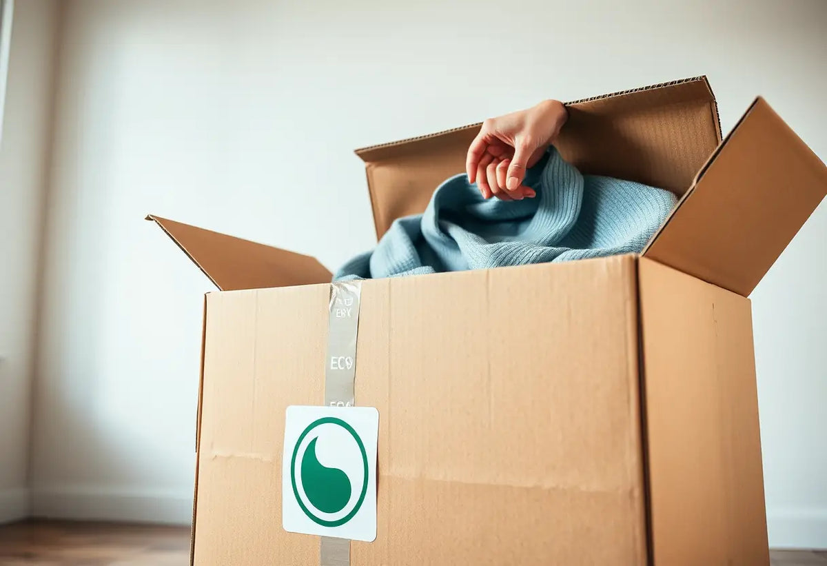 Une main retirant un vêtement emballé d'un grand carton écologique.