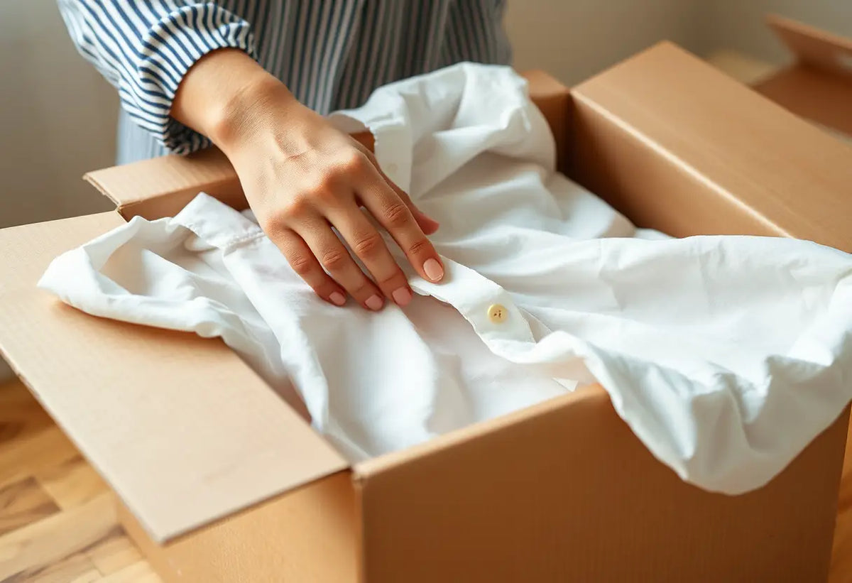 Une main plie délicatement une chemise en coton dans une boîte en carton