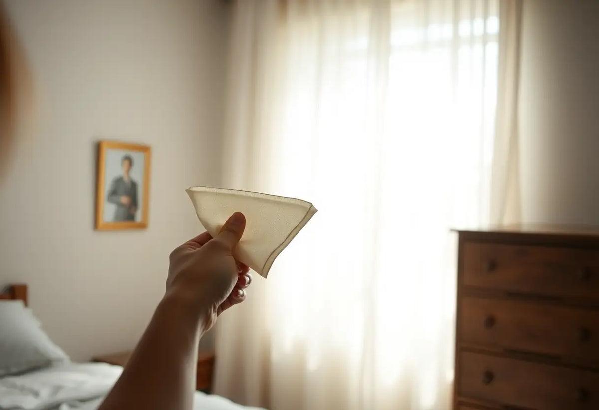 Une main plie délicatement un tissu soyeux dans une chambre