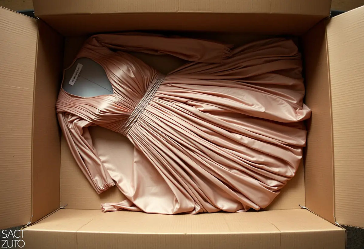 Une robe de soirée pliée avec soin dans une grande boîte cartonnée