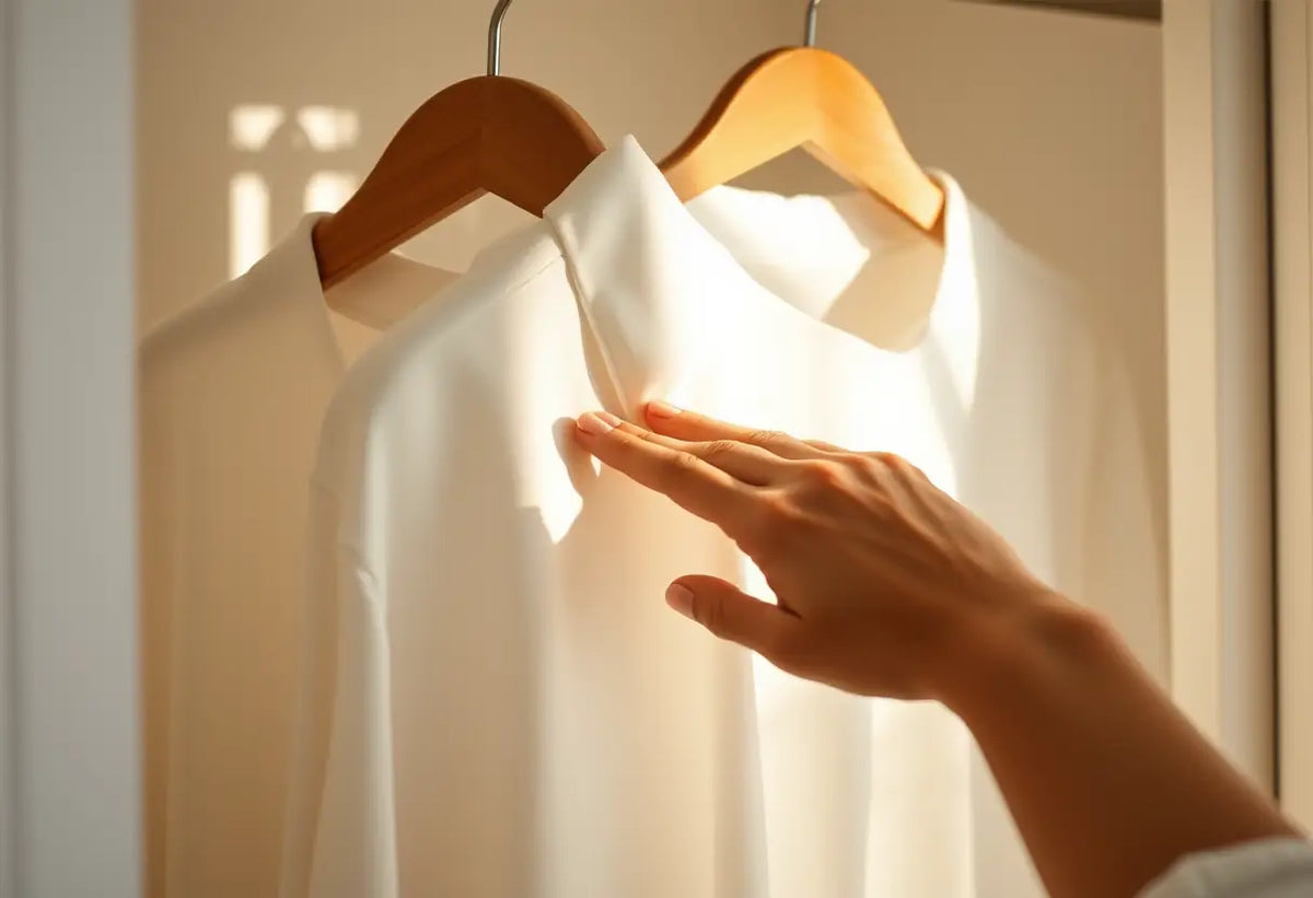 Une main effleure délicatement un pull en coton dans un placard, éclairé par la lumière du matin