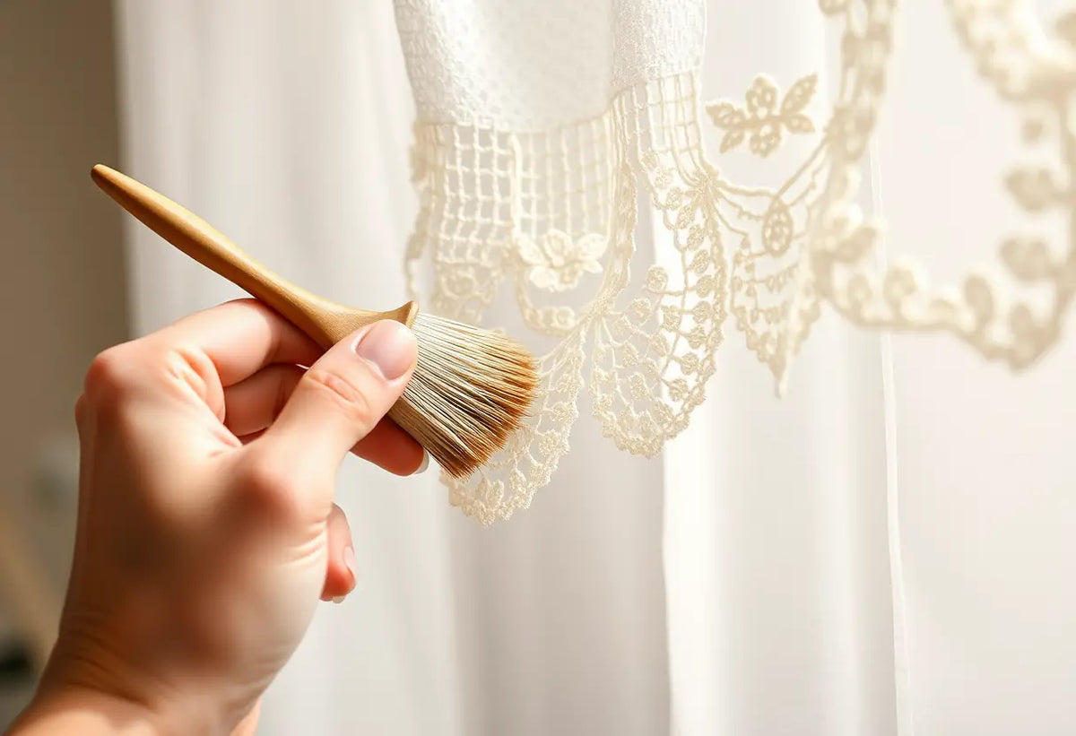 Une main tient un pinceau et frôle une dentelle, lumière tamisée.