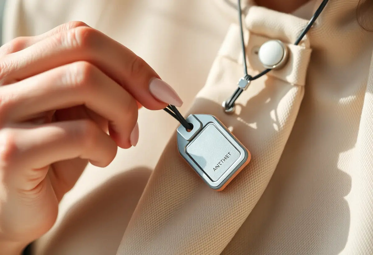 Une main féminine tient délicatement un badge antivol