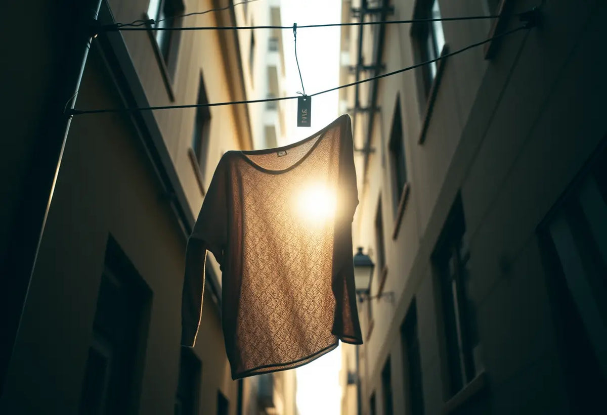 Allée étroite entre deux bâtiments, lumière du matin filtrant, vêtement accroché à une corde à linge avec badge antivol