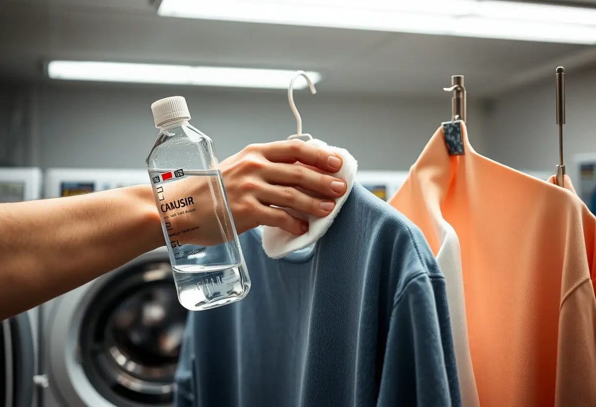 Une main appliquant une solution d'alcool isopropylique dilué sur un vêtement taché dans une pièce de lavage