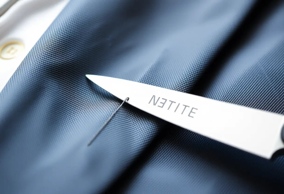 Couteau à lame douce coupant délicatement un fil métallique intégré dans une couture de blazer haut de gamme
