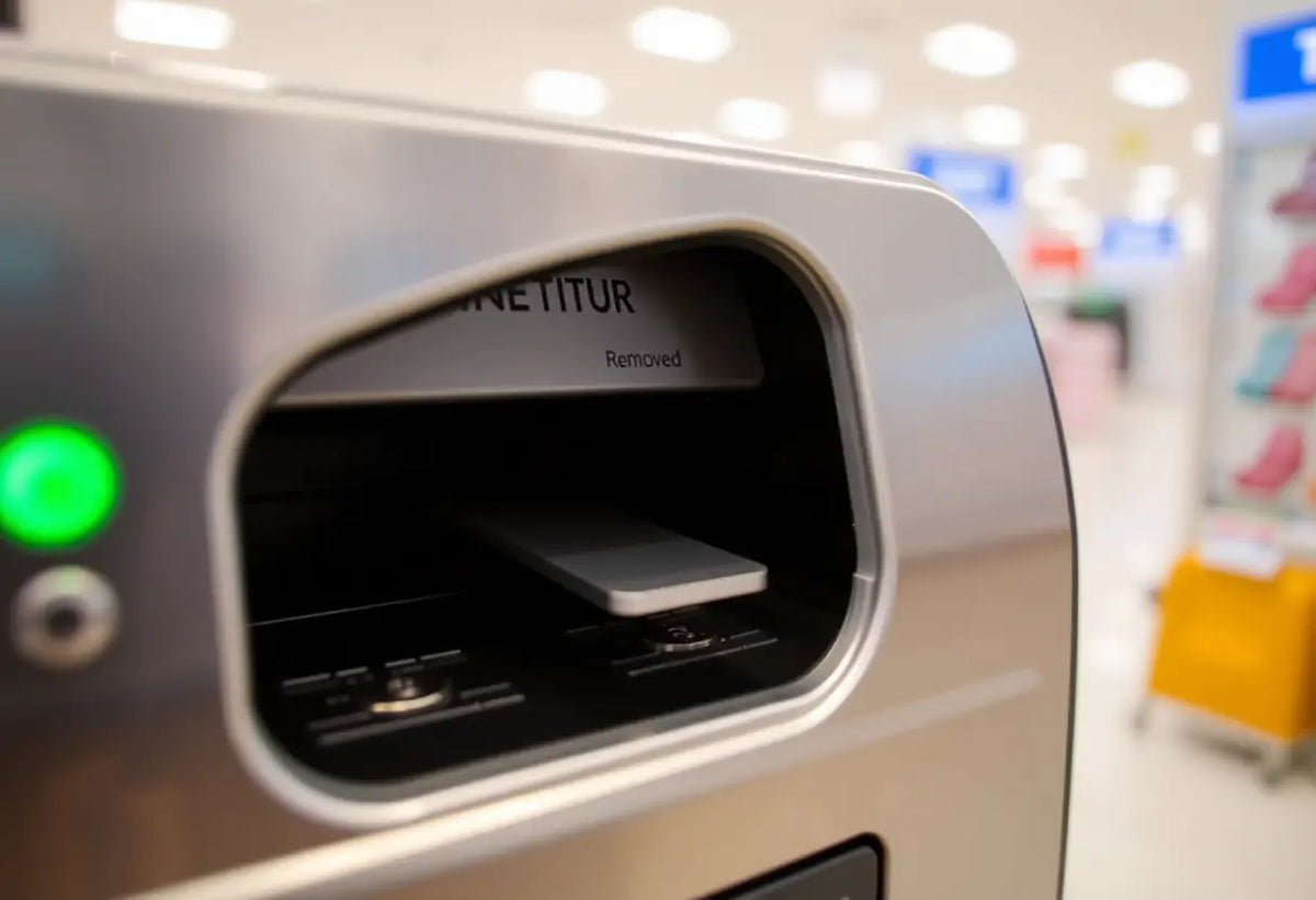 Vue rapprochée d'un détecteur de métaux à la sortie d'un grand magasin, montrant une bandelette métallique insérée dans le slot, édition photo éditoriale.